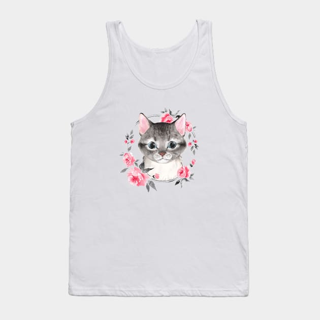 Gray cat with flowers Tank Top by Gribanessa